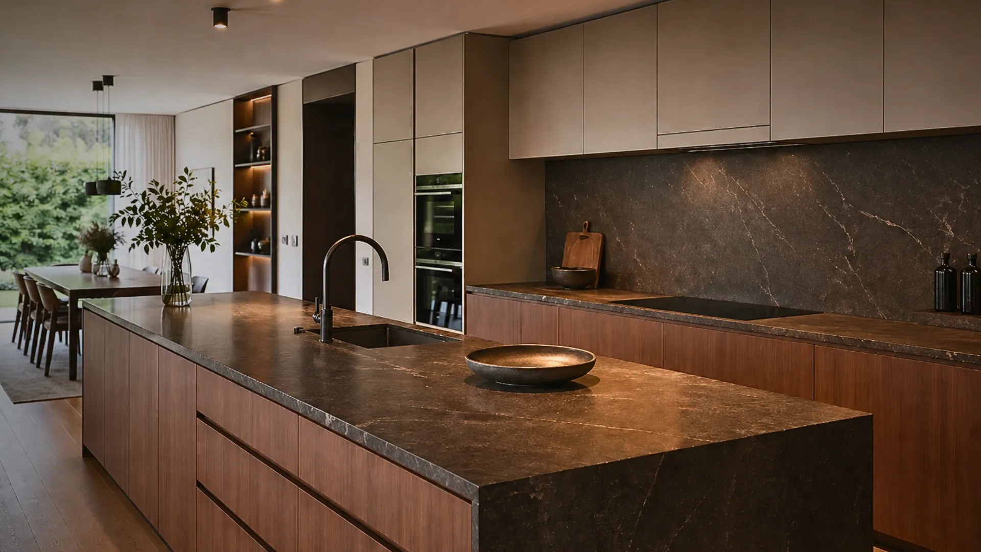 Custom kitchen with wood cabinetry, stone island, and bronze fixtures