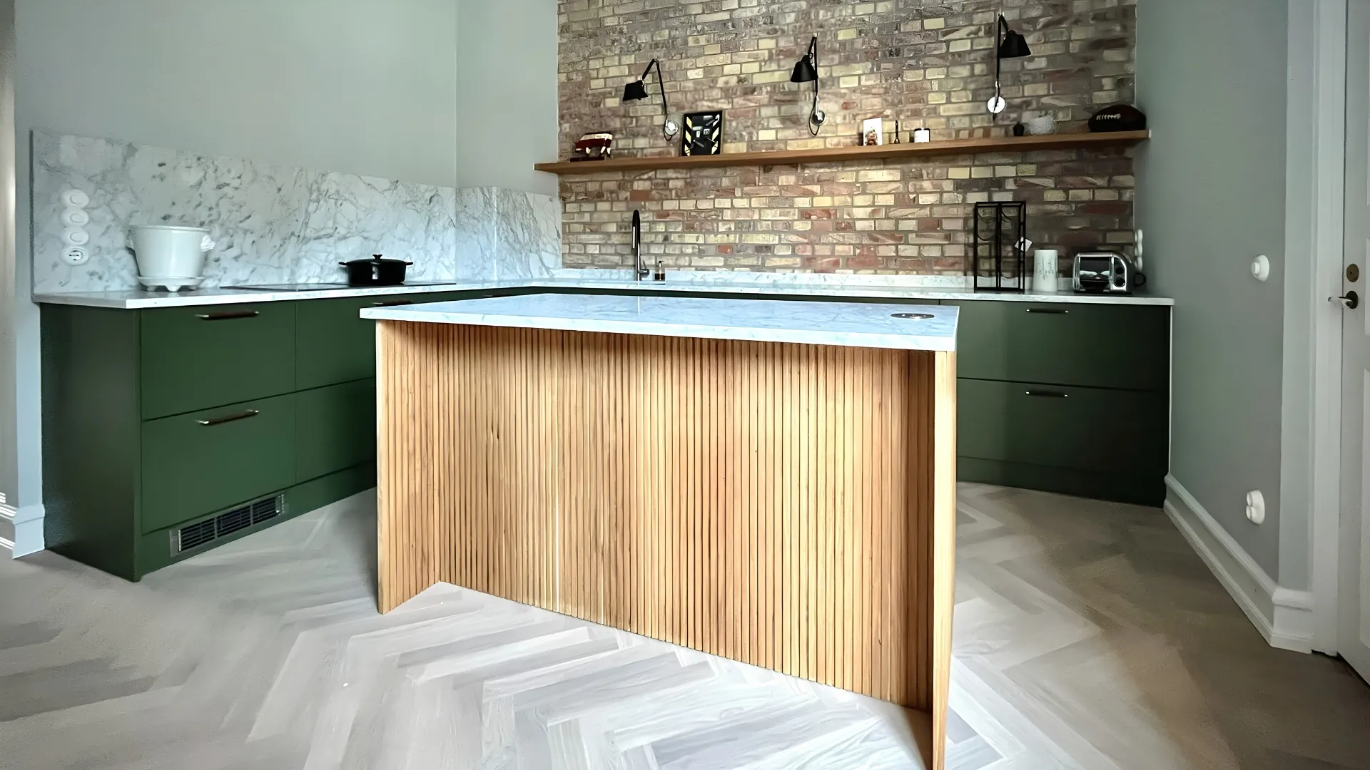 Custom green and marble kitchen in Malmö with a fluted oak island
