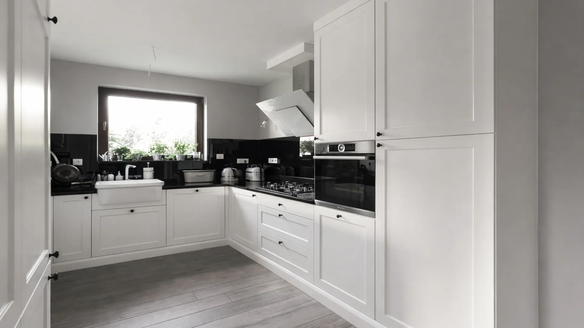 Classic white kitchen in Wrocław with framed fronts, granite countertops and a farmhouse sink