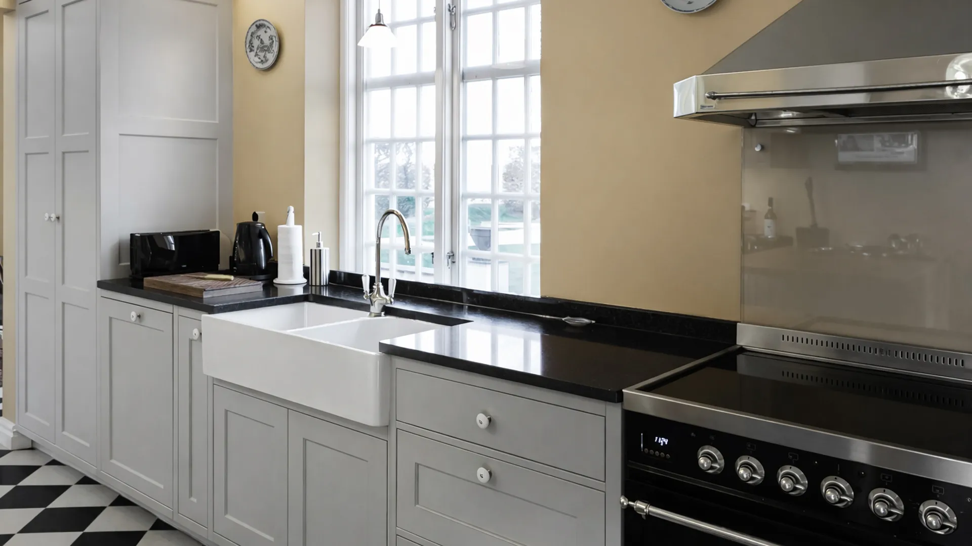 English-style kitchen in Malmö with framed gray cabinetry, granite countertops and a butler sink