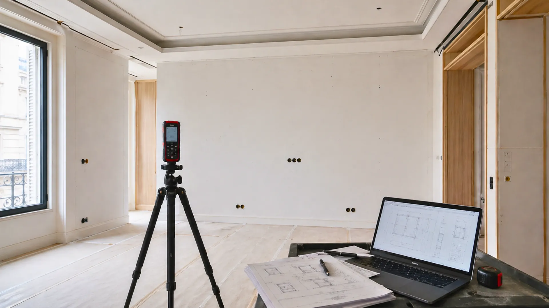 Leica laser meter and laptop with drawings during on-site measurement