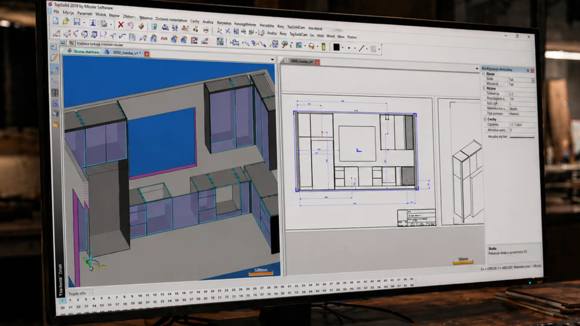 TopSolid CAD millwork model and shop drawing on a workstation desk